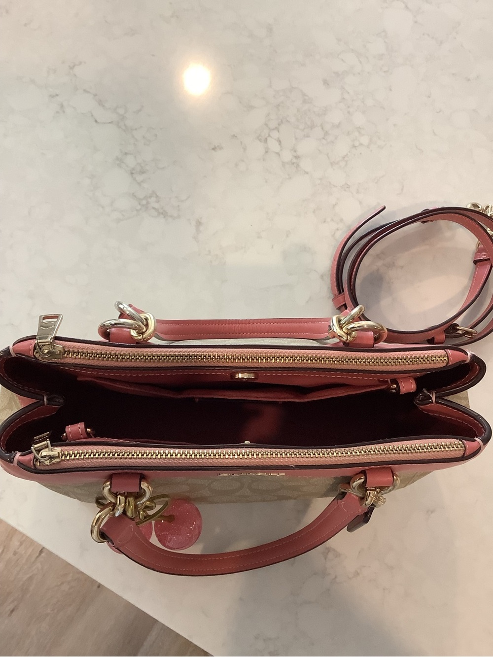 Coach Mini Brooke Beige Signature Canvas Satchel Crossbody with Pink Trim - Picture 6 of 12